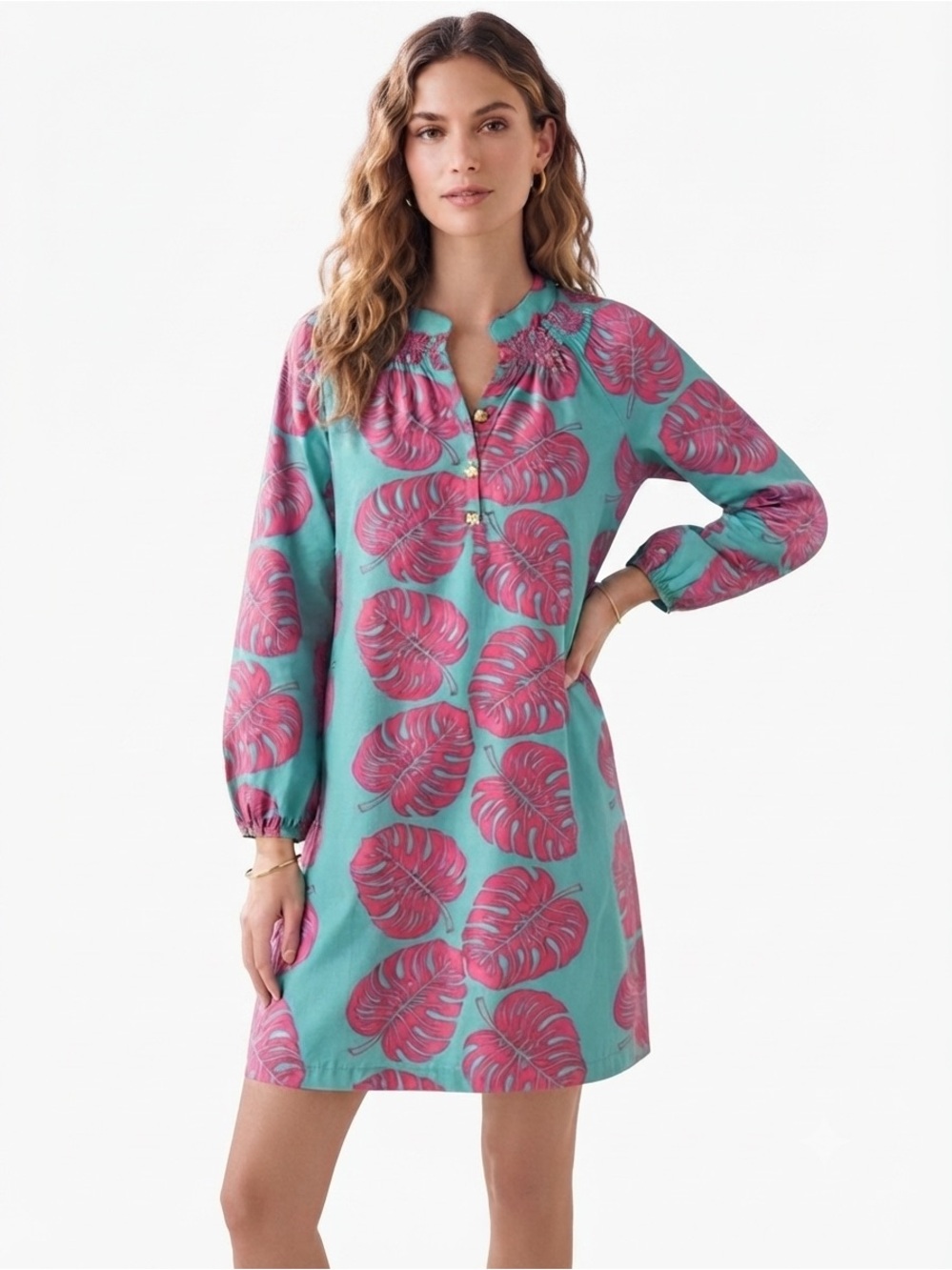 Tracy Negoshian Monstera Leaf Tunic Dress Womens Small S Pink Aqua Tropical